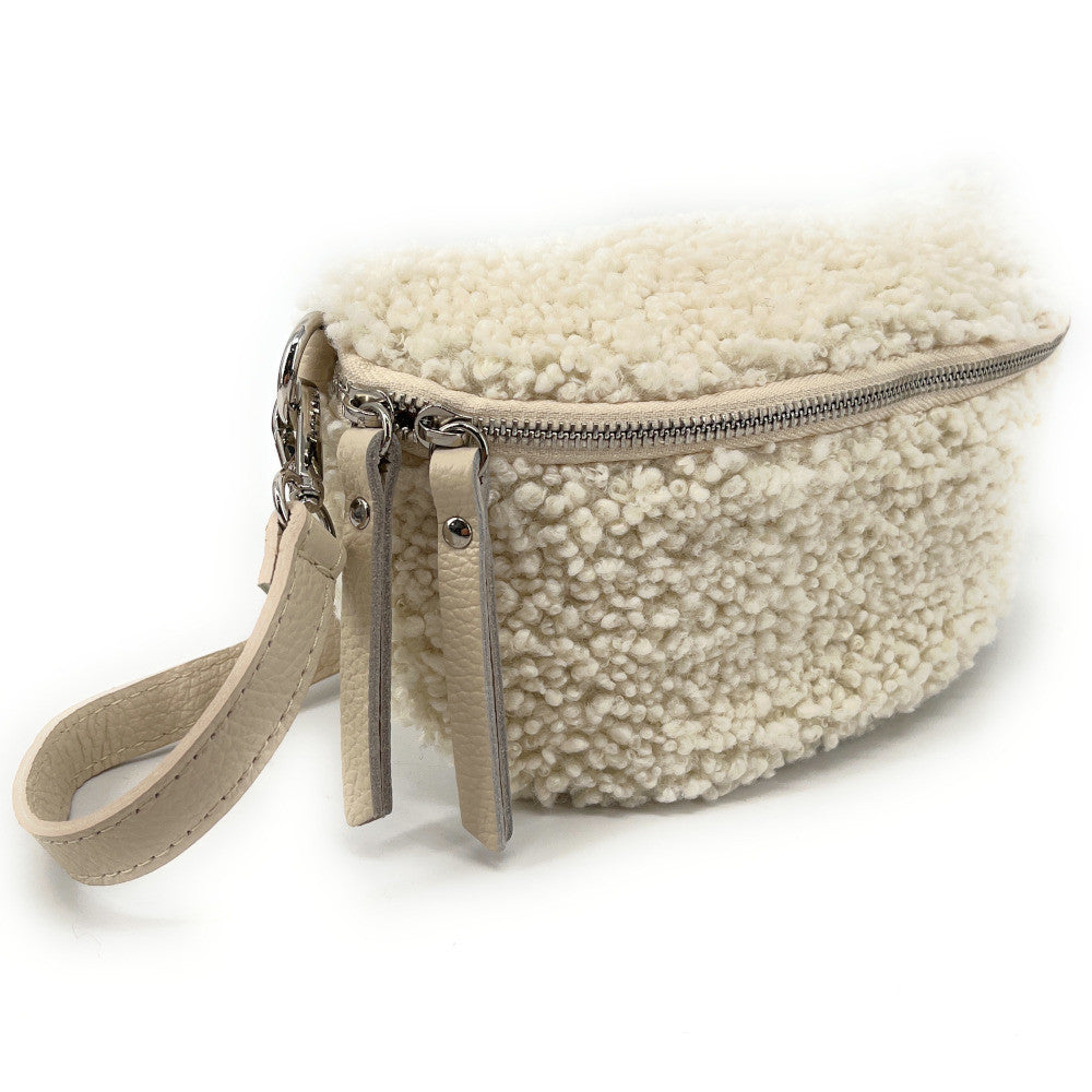 Sac banane en cuir et peluche LOU PILOU SILVER Beige crème