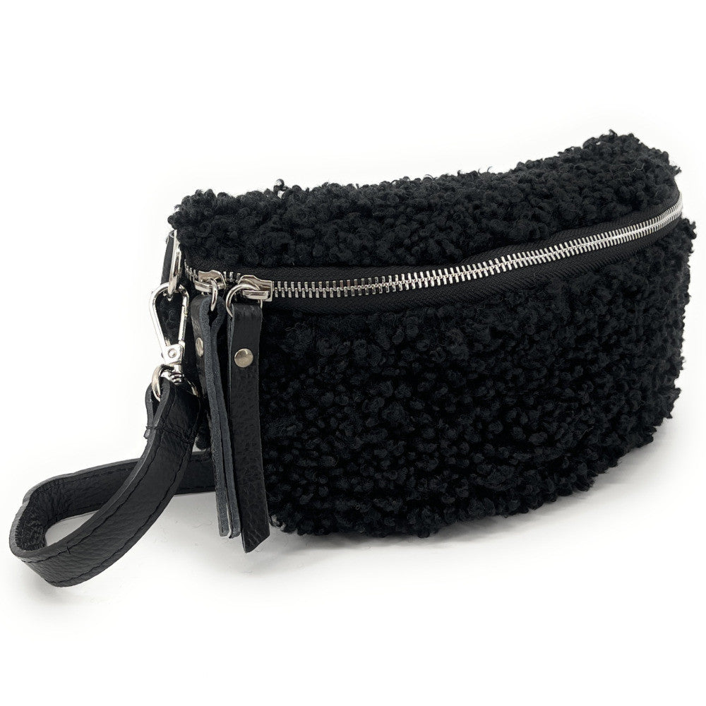 Sac banane en cuir et peluche LOU PILOU SILVER Noir