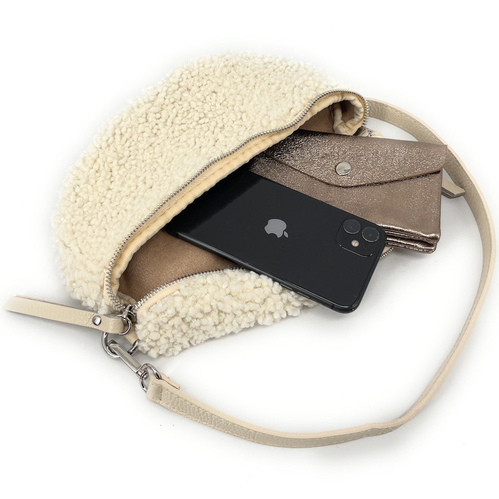Sac banane en cuir et peluche LOU PILOU SILVER Beige crème