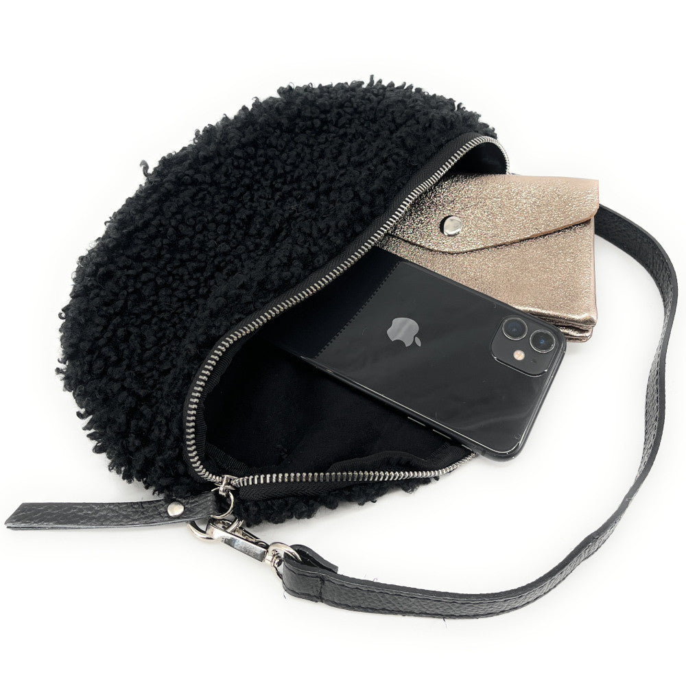 Sac banane en cuir et peluche LOU PILOU SILVER Noir
