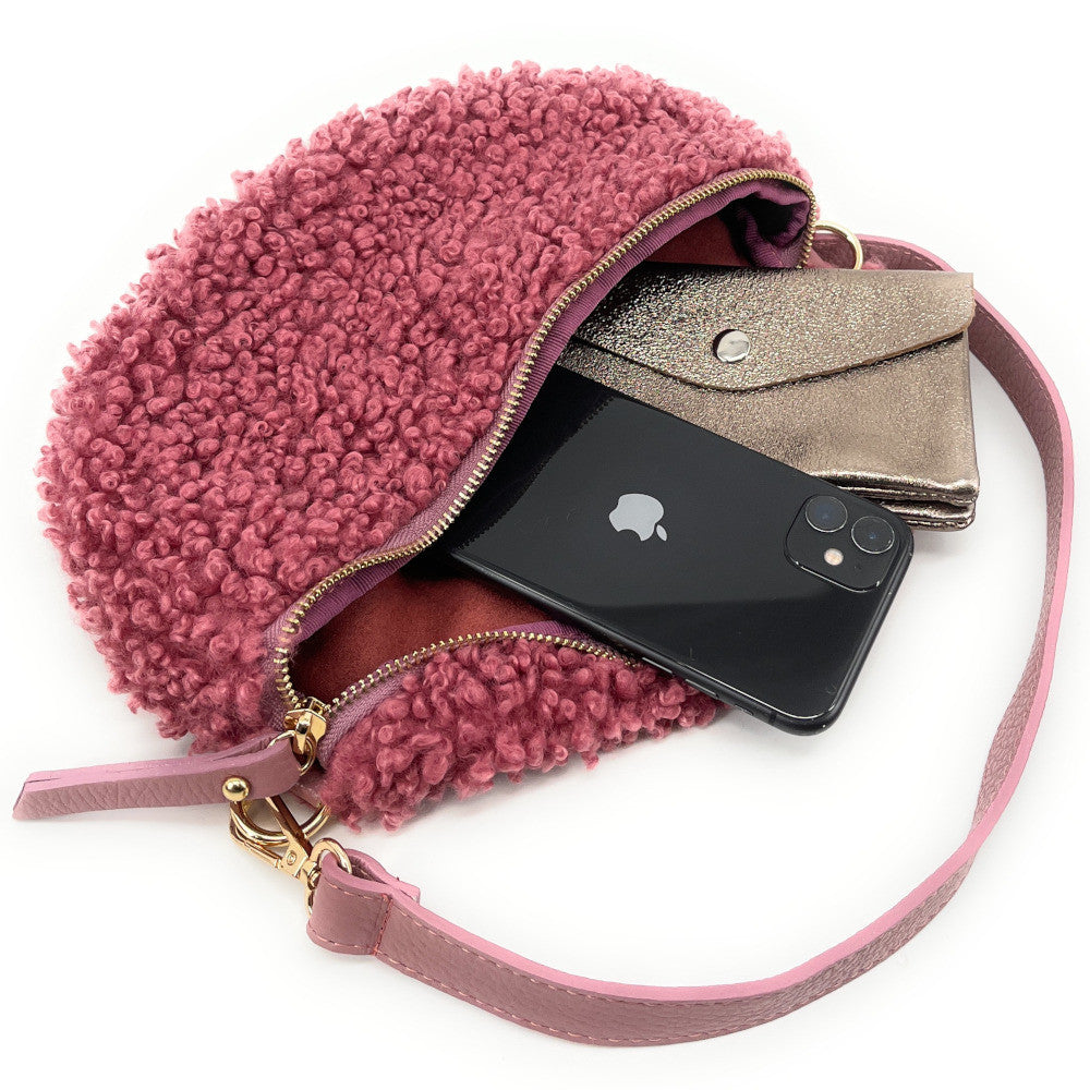 Sac banane en cuir et peluche LOU PILOU Rose intense