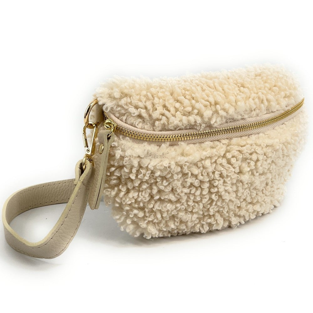 Sac banane en cuir et peluche LOU PILOU Beige crème