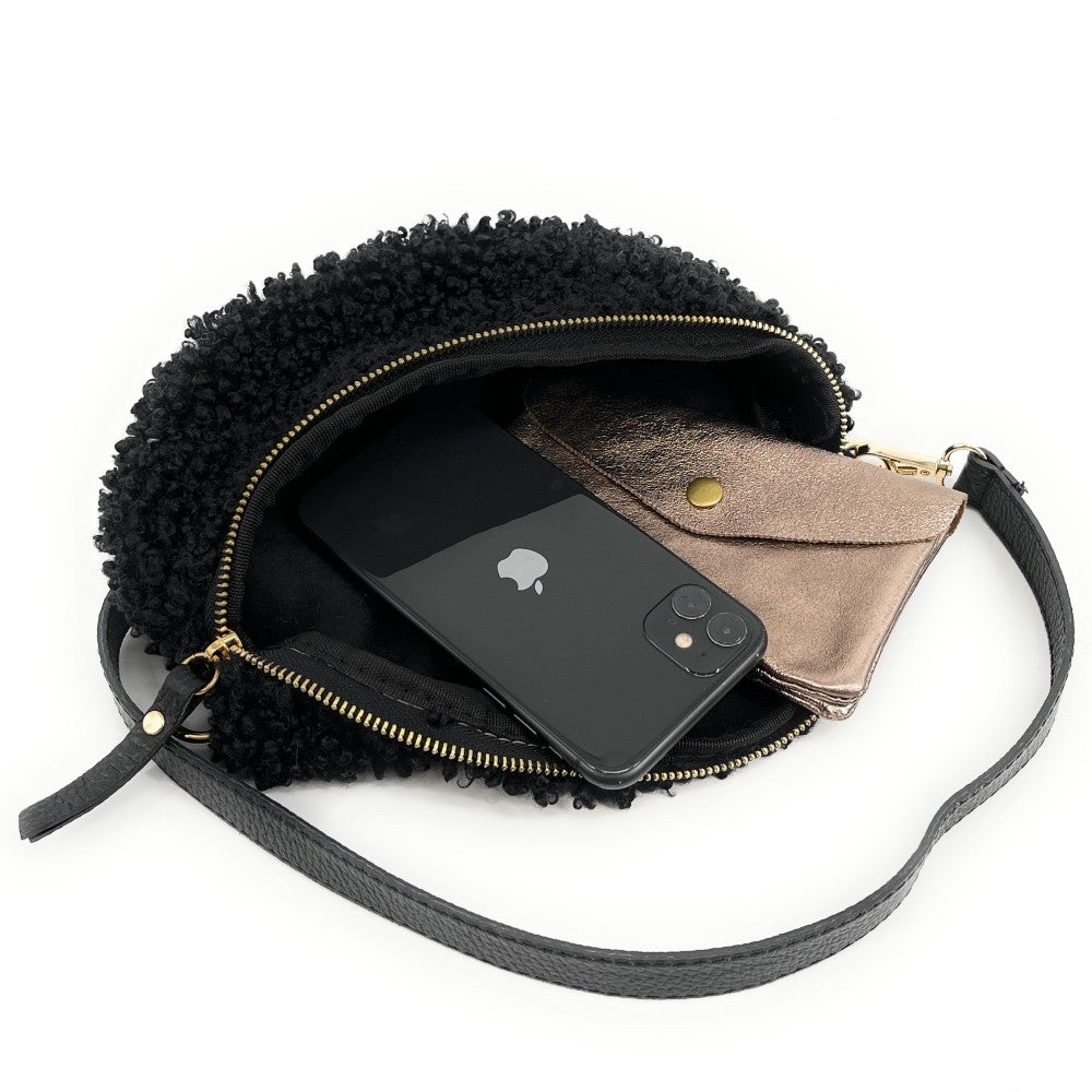 Sac banane en cuir et peluche LOU PILOU Noir