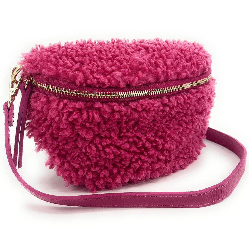 Sac banane en cuir et peluche LOU PILOU Framboise