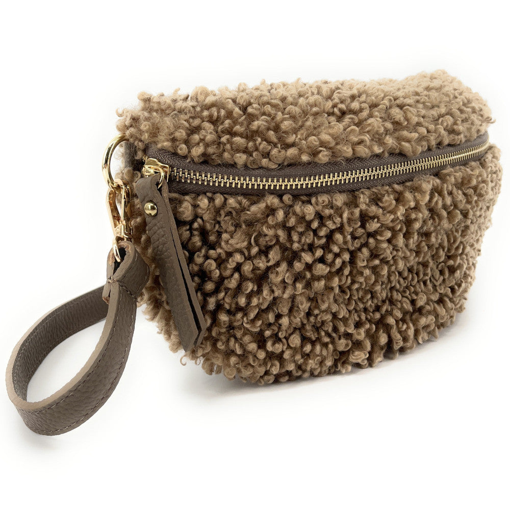 Sac banane en cuir et peluche LOU PILOU Taupe foncé