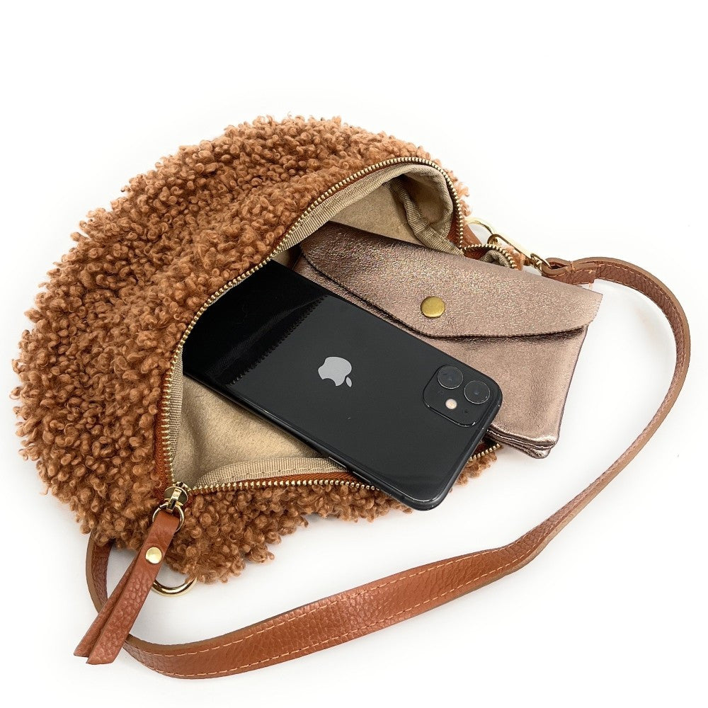 Sac banane en cuir et peluche LOU PILOU Camel
