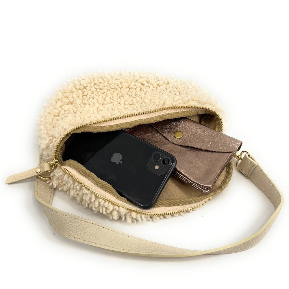 Sac banane en cuir et peluche LOU PILOU Beige crème