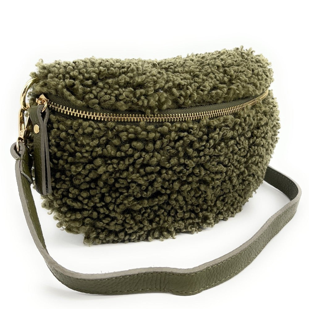 Sac banane en cuir et peluche LOU PILOU Kaki