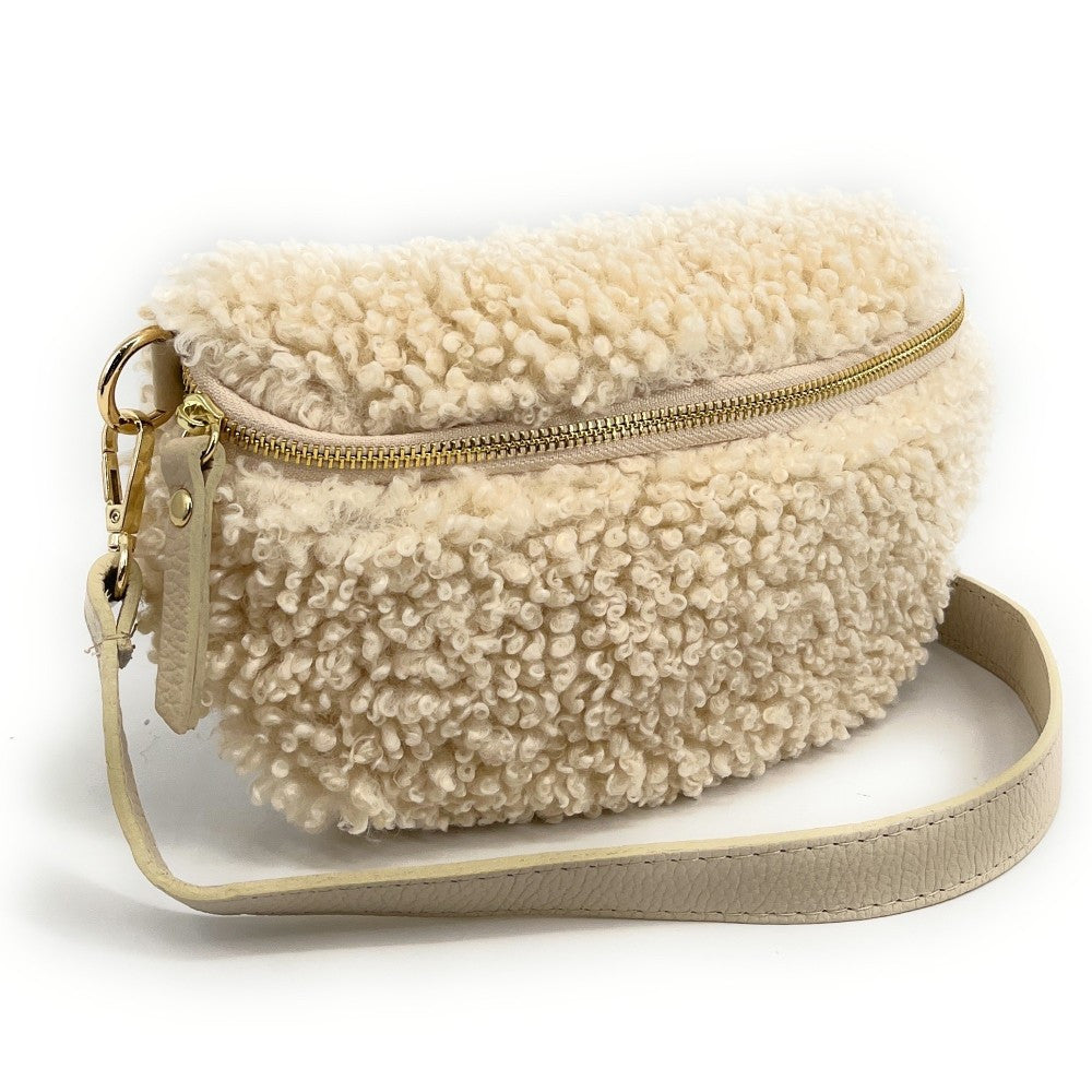 Sac banane en cuir et peluche LOU PILOU Beige crème