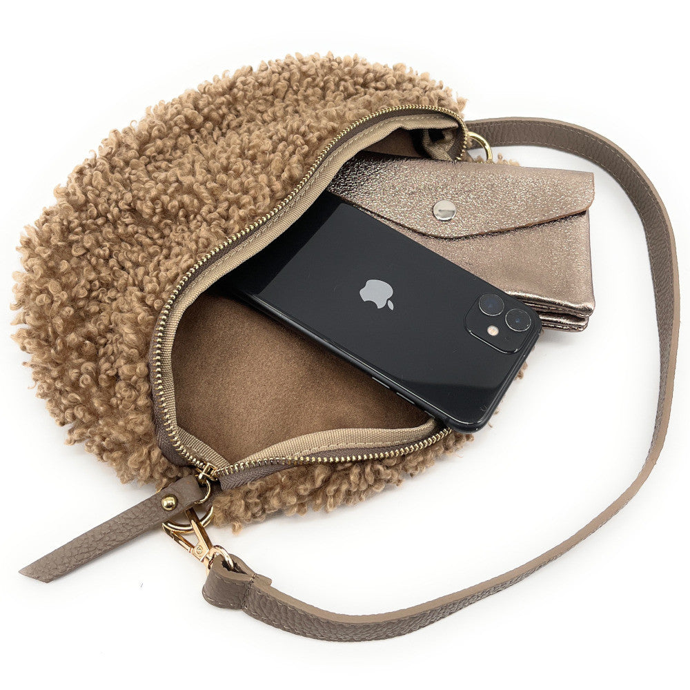 Sac banane en cuir et peluche LOU PILOU Taupe foncé