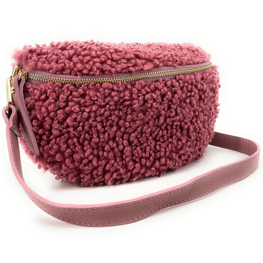 Sac banane en cuir et peluche LOU PILOU Rose intense