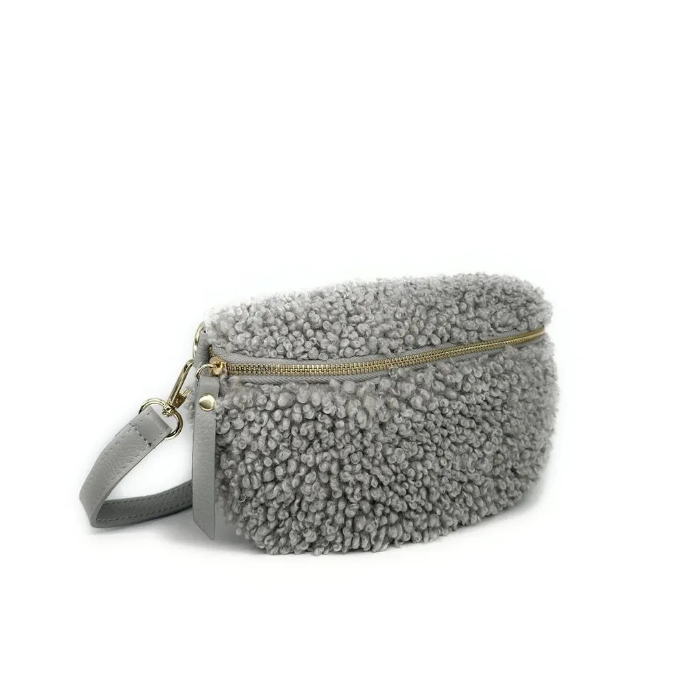 Sac banane en cuir et peluche LOU PILOU Gris clair