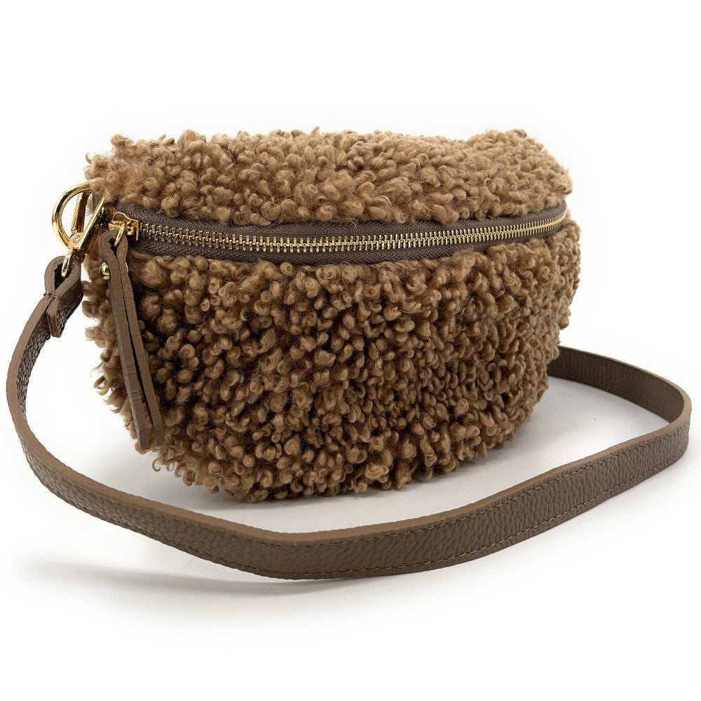 Sac banane en cuir et peluche LOU PILOU Taupe foncé