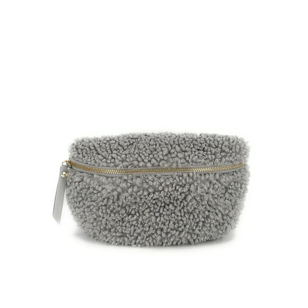 Sac banane en cuir et peluche LOU PILOU Gris clair