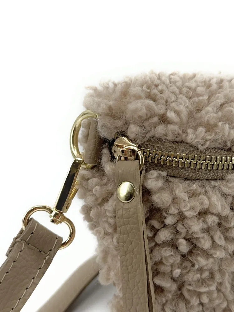 Sac banane en cuir et peluche LOU PILOU Taupe
