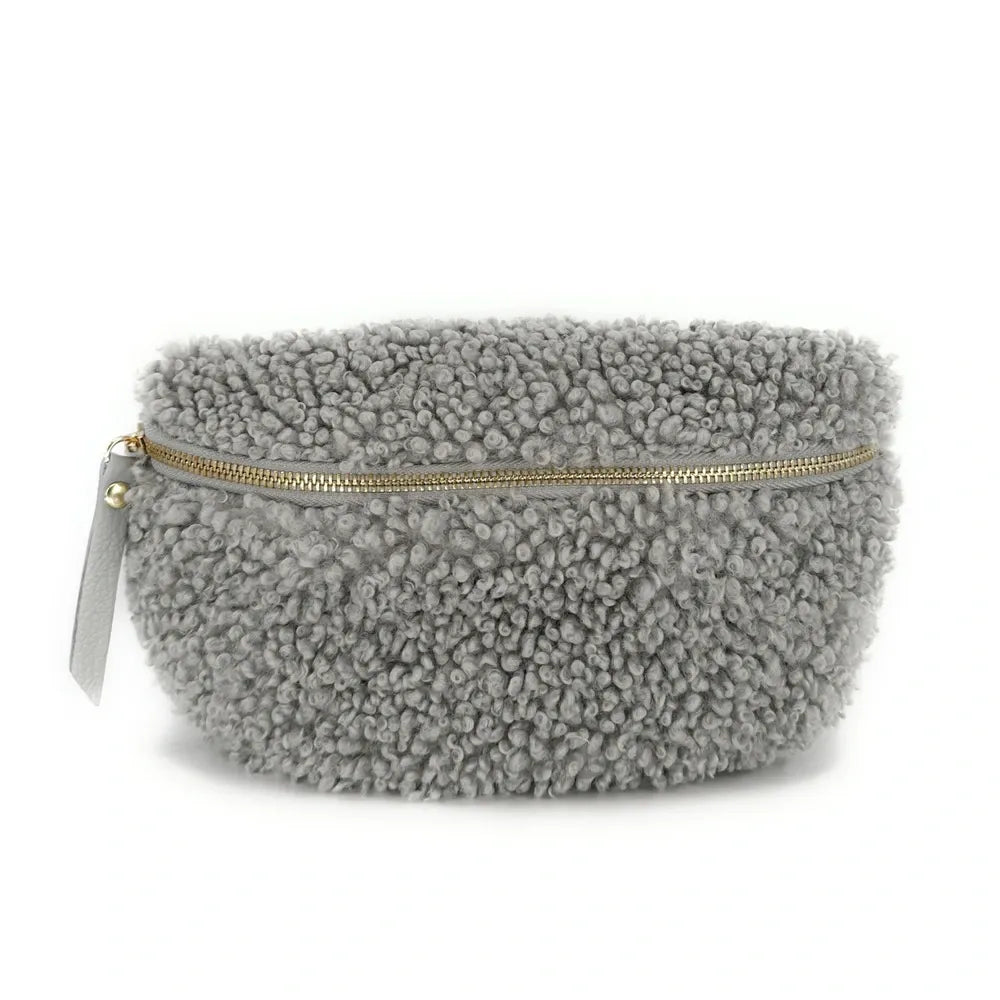Sac banane en cuir et peluche LOU PILOU Gris clair
