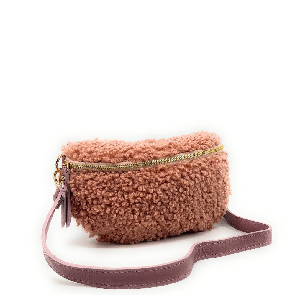 Sac banane en cuir et peluche LOU PILOU Rose poudre