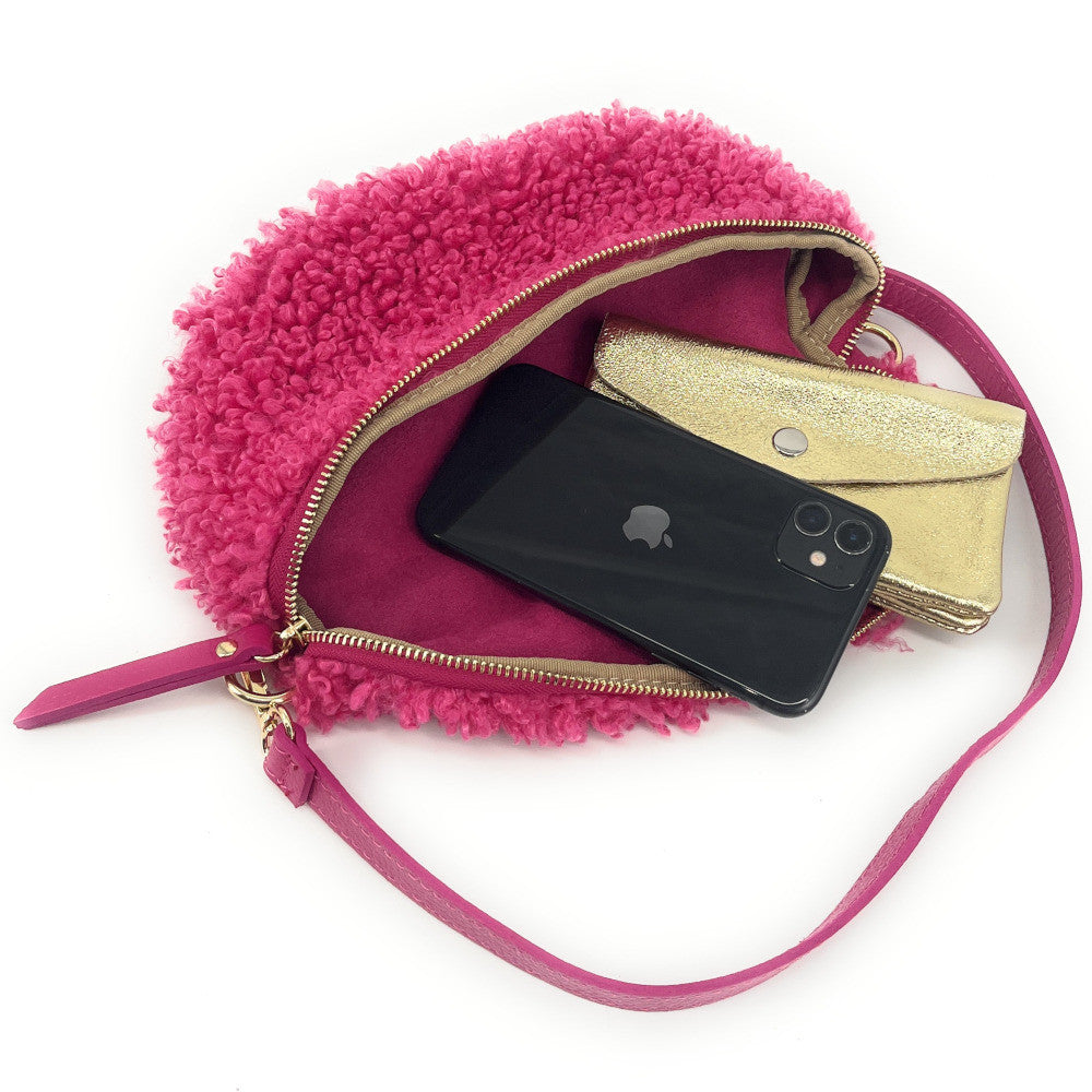 Sac banane en cuir et peluche LOU PILOU Framboise