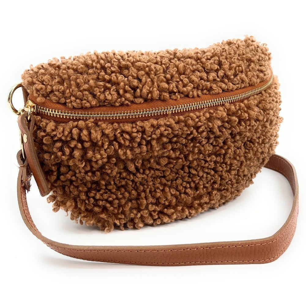 Sac banane en cuir et peluche LOU PILOU Camel
