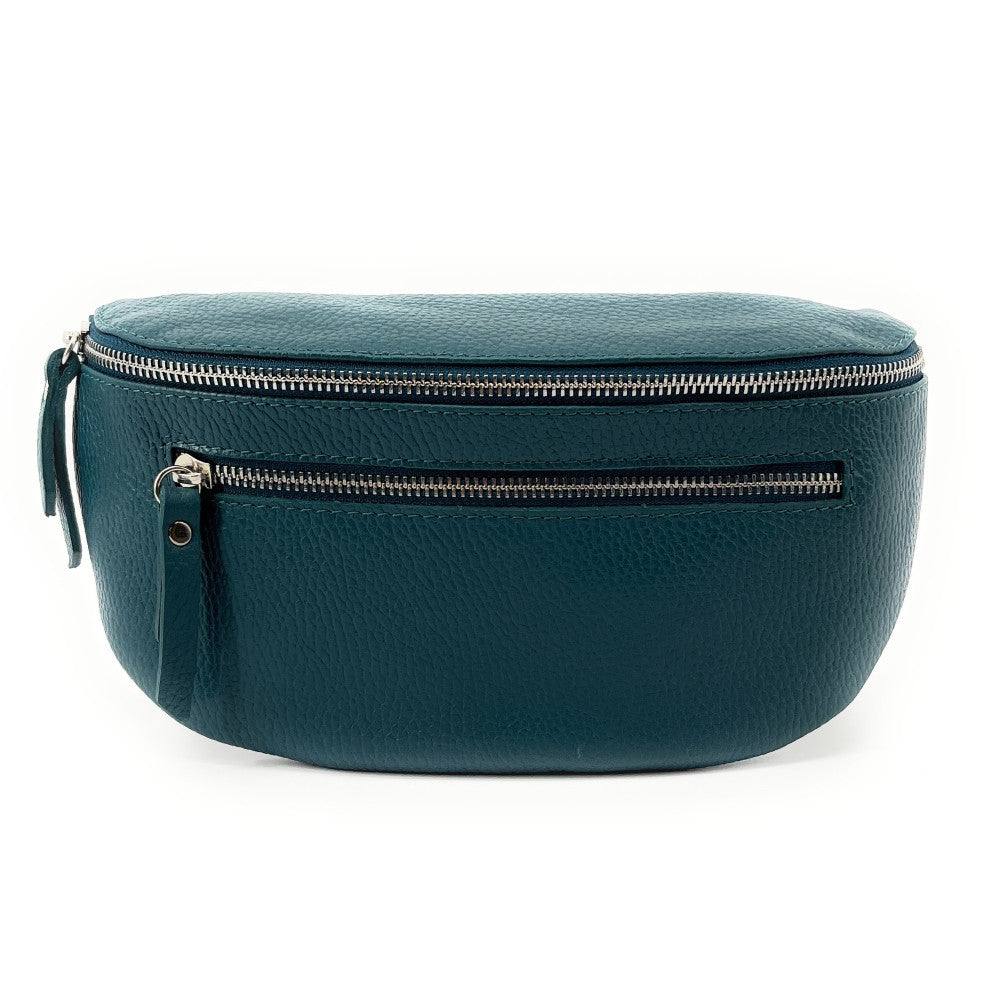 Sac banane en cuir grainé LOU-ANN Bleu vert canard