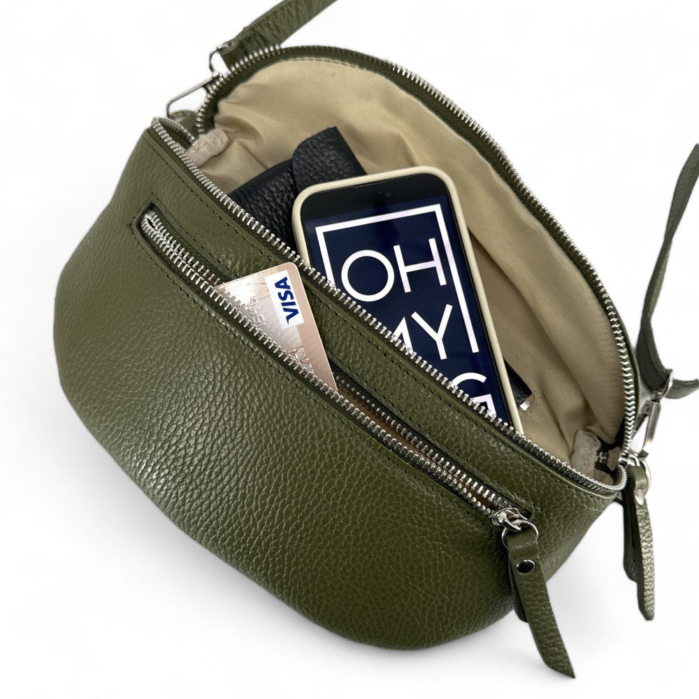 Sac banane en cuir grainé LOU-ANN Kaki