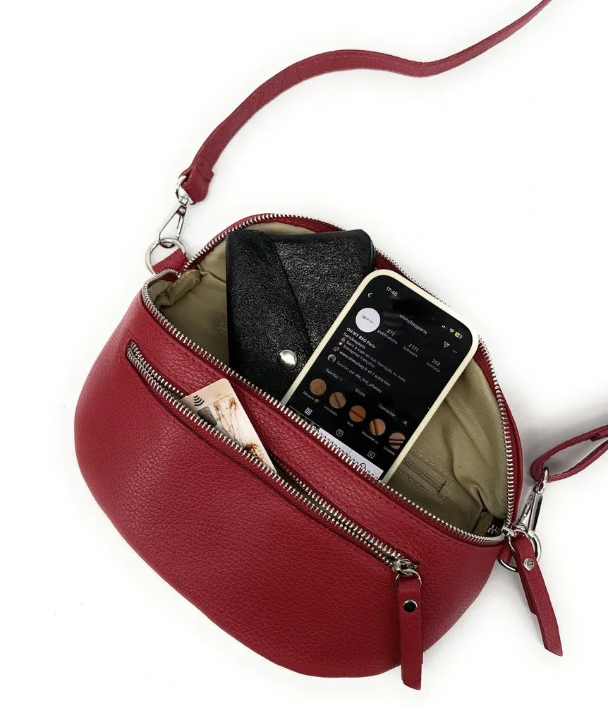 Sac banane en cuir grainé LOU-ANN Rouge garance