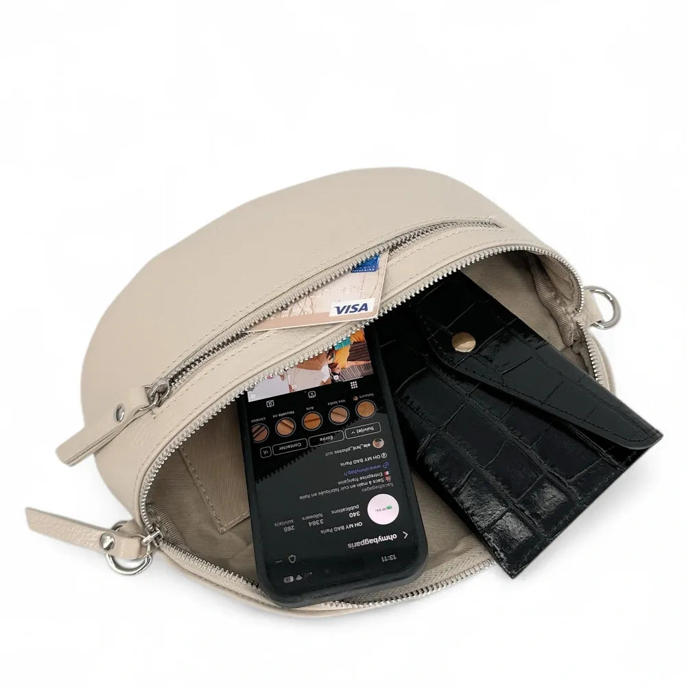 Sac banane en cuir grainé LOU-ANN Taupe clair