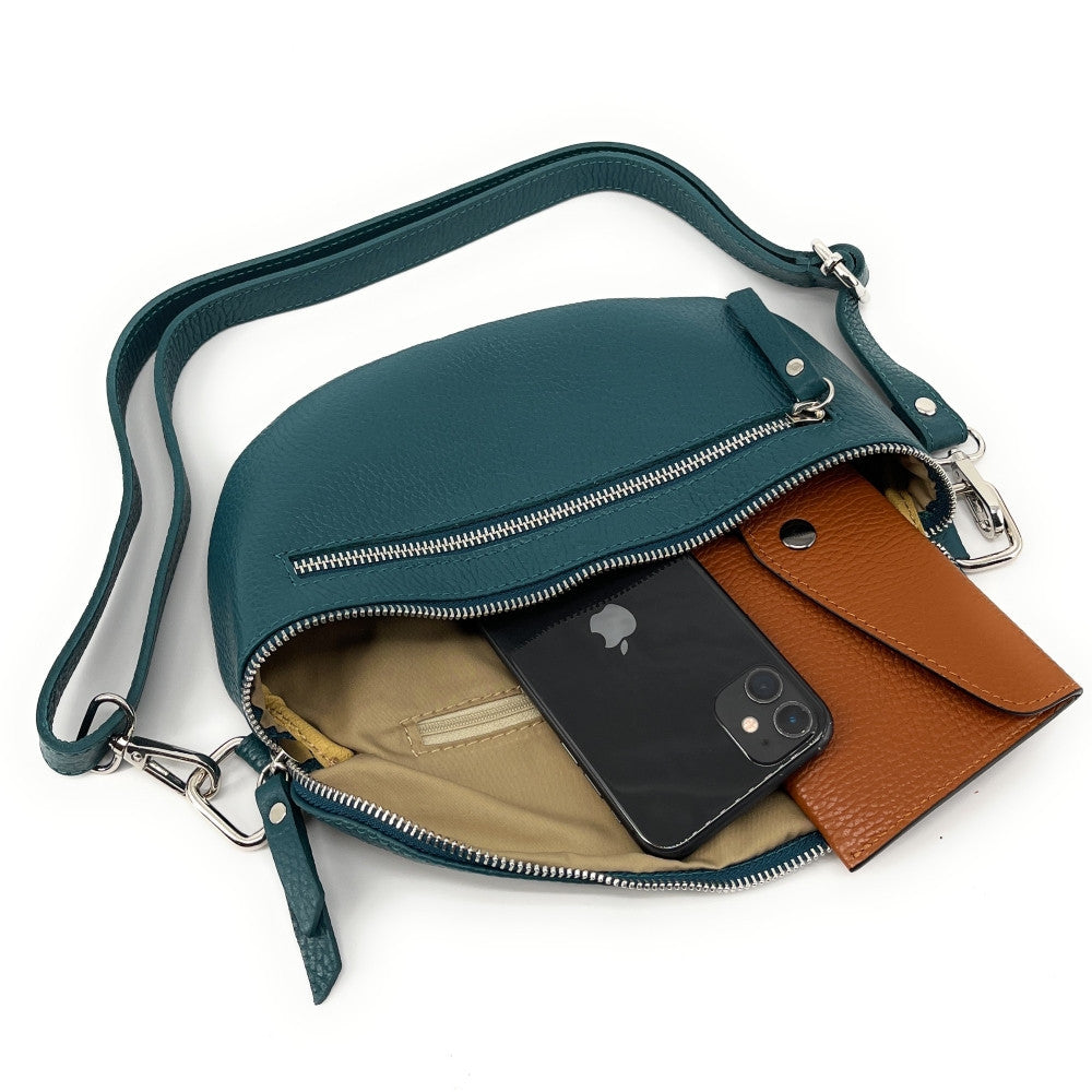 Sac banane en cuir grainé LOU-ANN Bleu vert canard