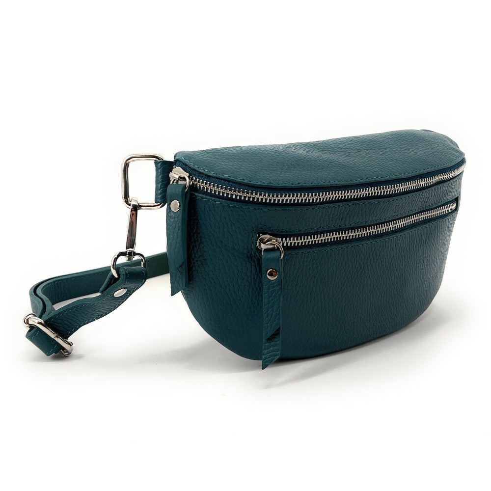 Sac banane en cuir grainé LOU-ANN Bleu vert canard