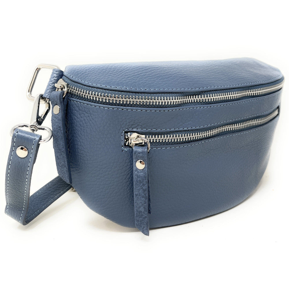 Sac banane en cuir grainé LOU-ANN Bleu glacier
