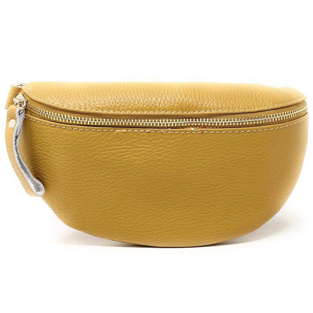 Sac banane en cuir grainé LOU-DO métal doré Jaune Moutarde