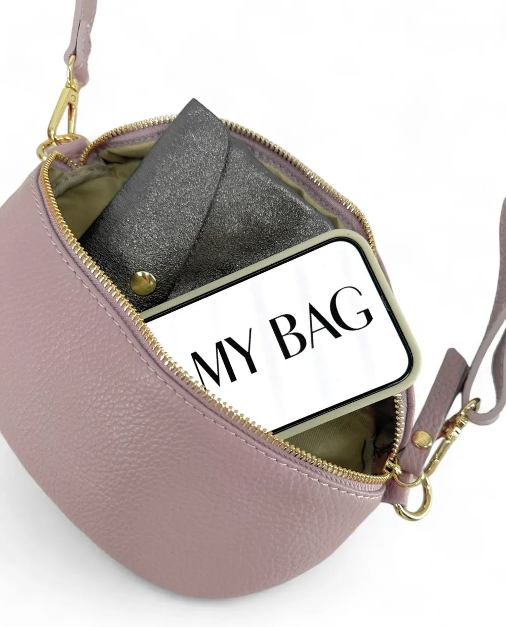 Sac banane en cuir grainé LOU-DO métal doré Lilas