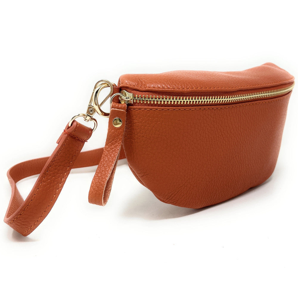Sac banane en cuir grainé LOU-DO métal doré Orange