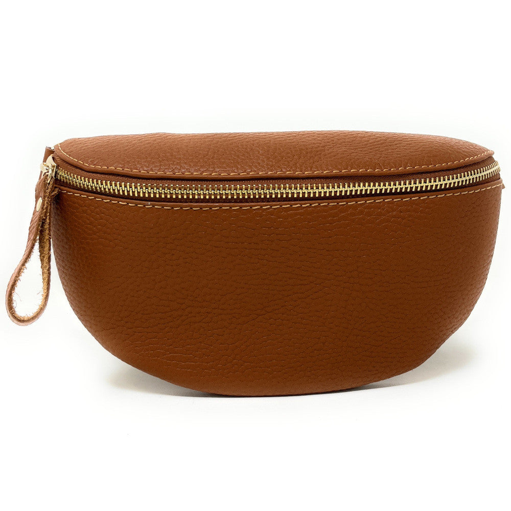 Sac banane en cuir grainé LOU-DO métal doré Camel