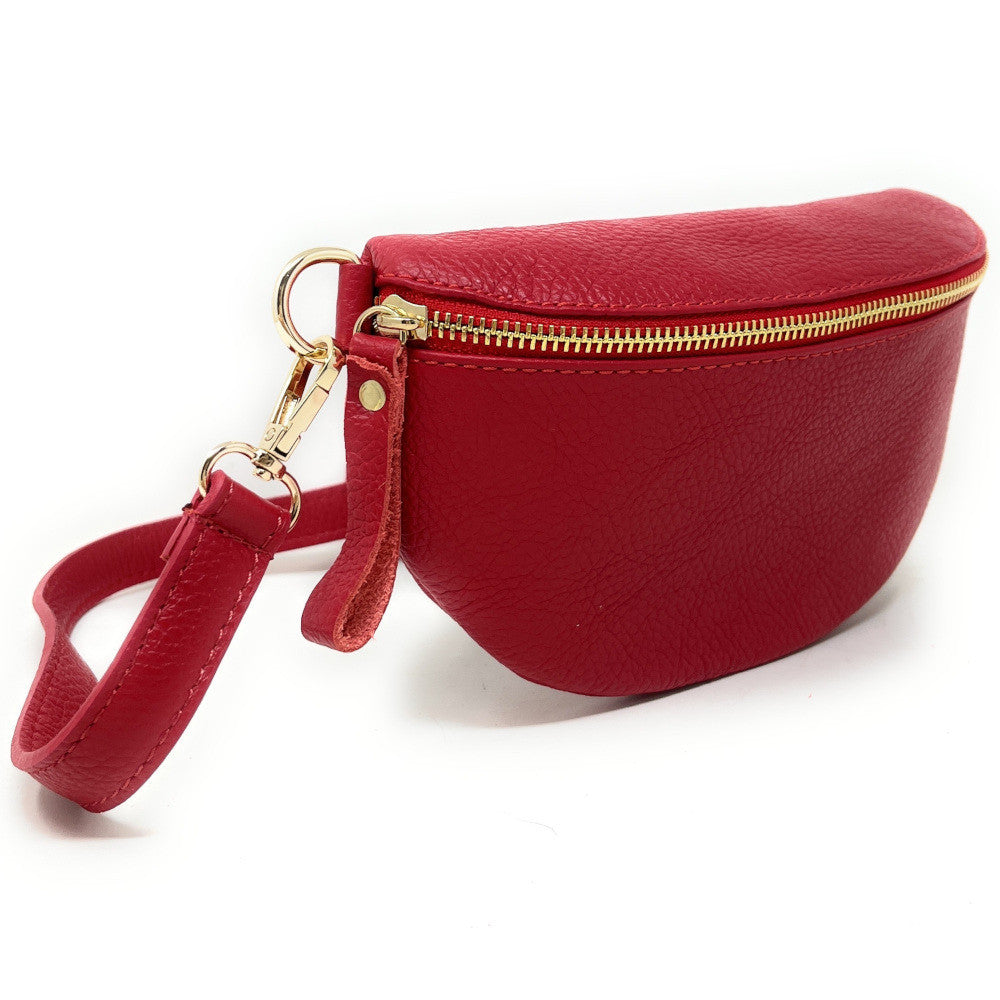Sac banane en cuir grainé LOU-DO métal doré Rouge garance