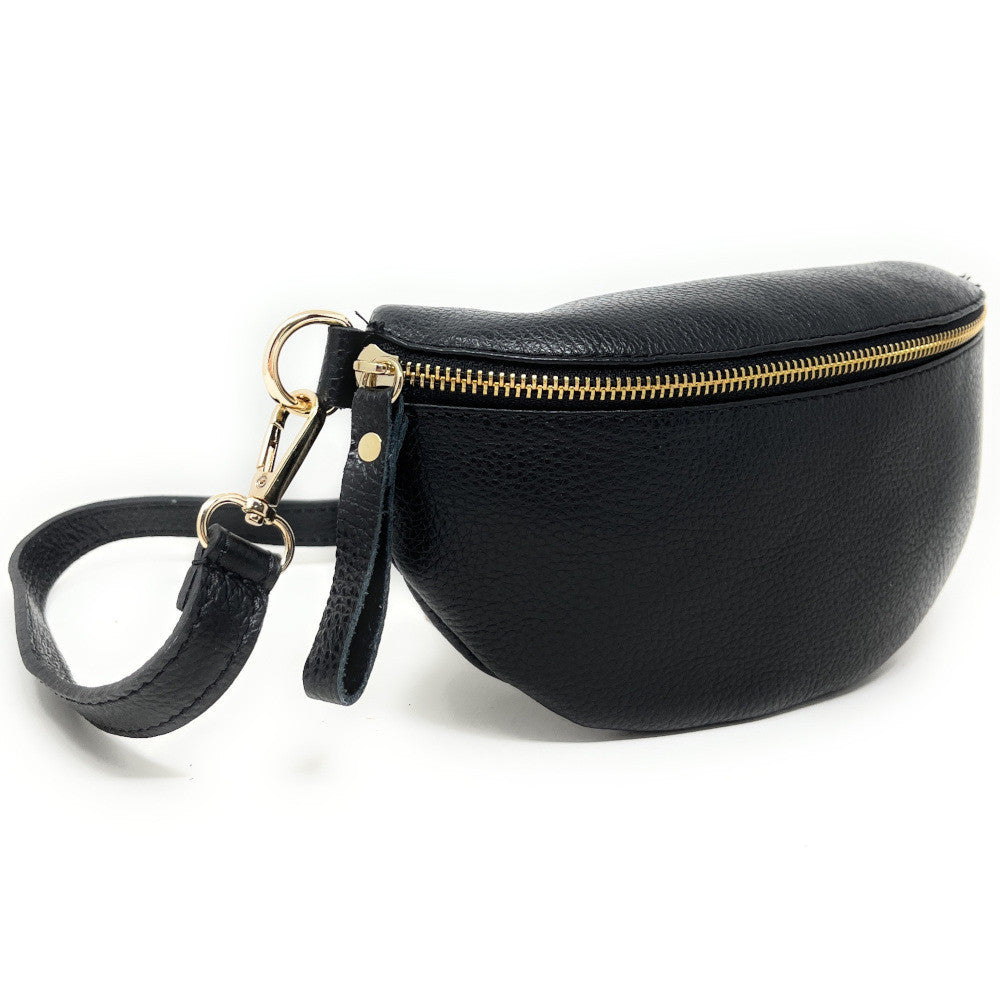 Sac banane en cuir grainé LOU-DO métal doré Noir