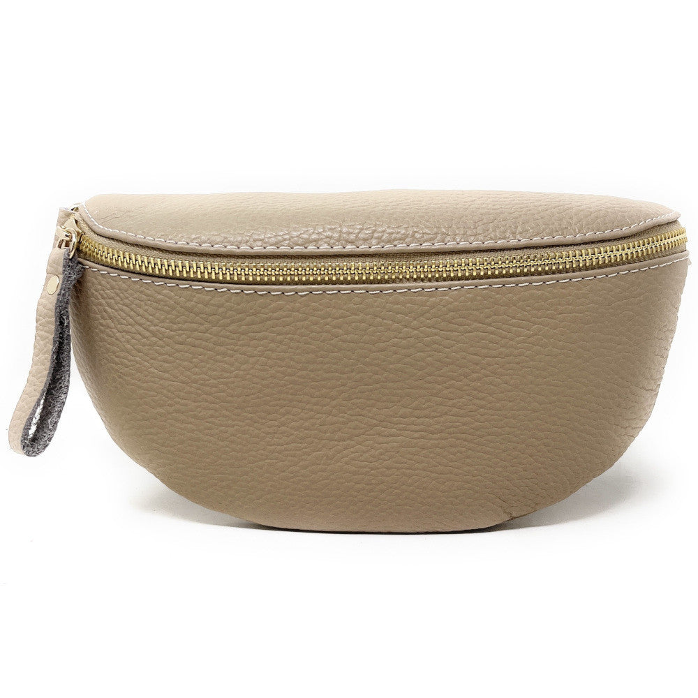Sac banane en cuir grainé LOU-DO métal doré Taupe