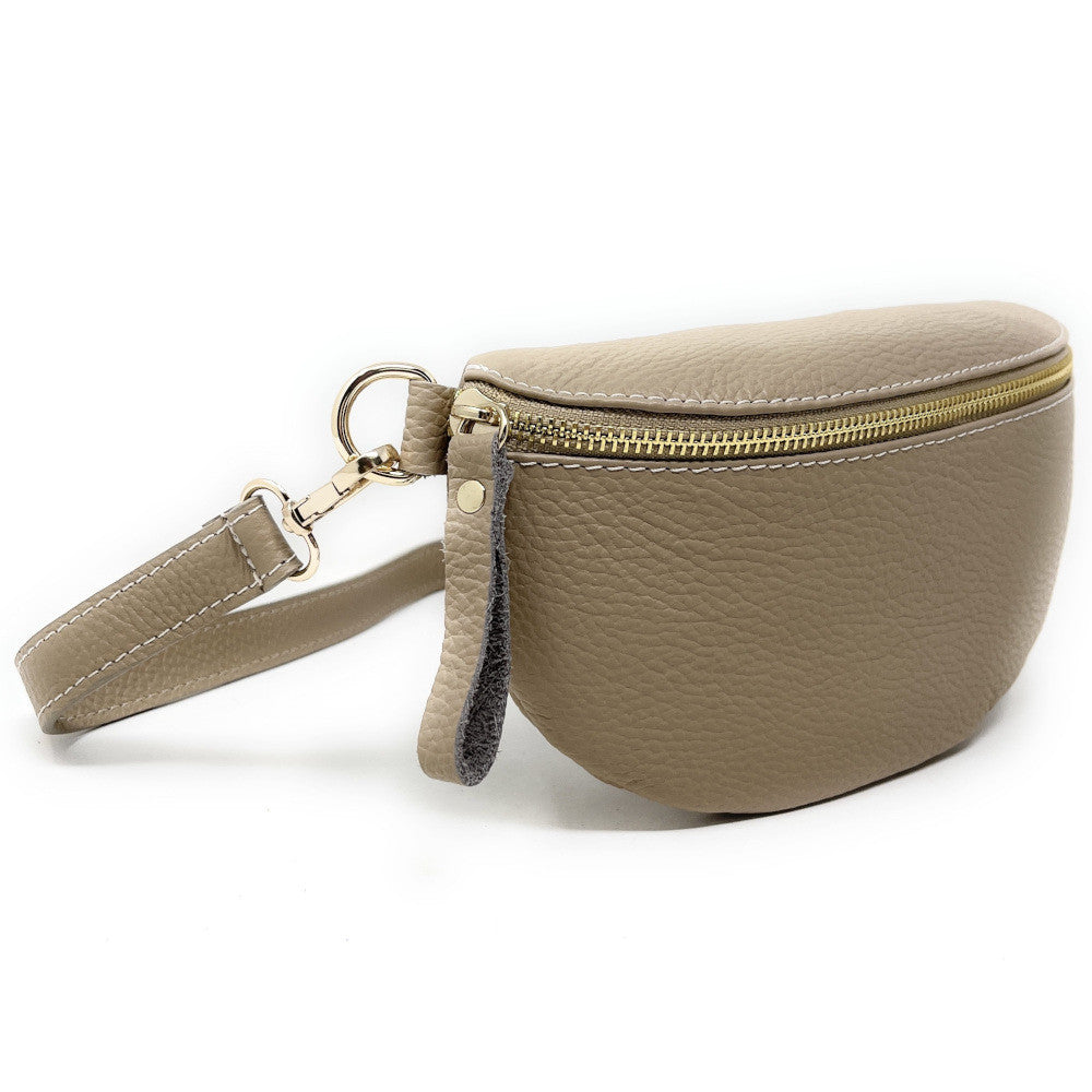 Sac banane en cuir grainé LOU-DO métal doré Taupe
