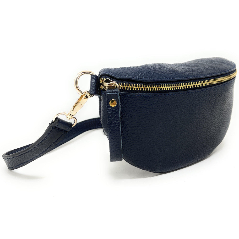 Sac banane en cuir grainé LOU-DO métal doré Bleu marine