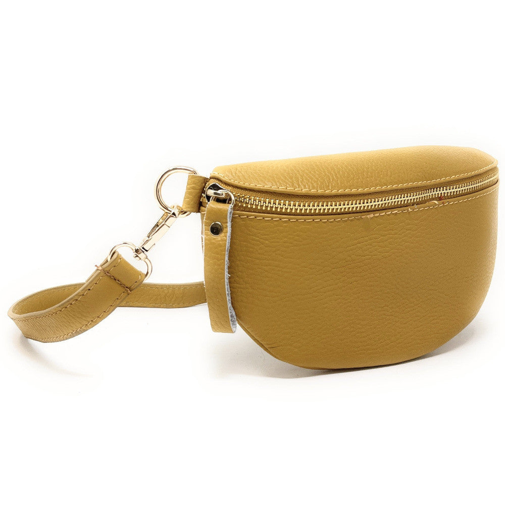 Sac banane en cuir grainé LOU-DO métal doré Jaune Moutarde