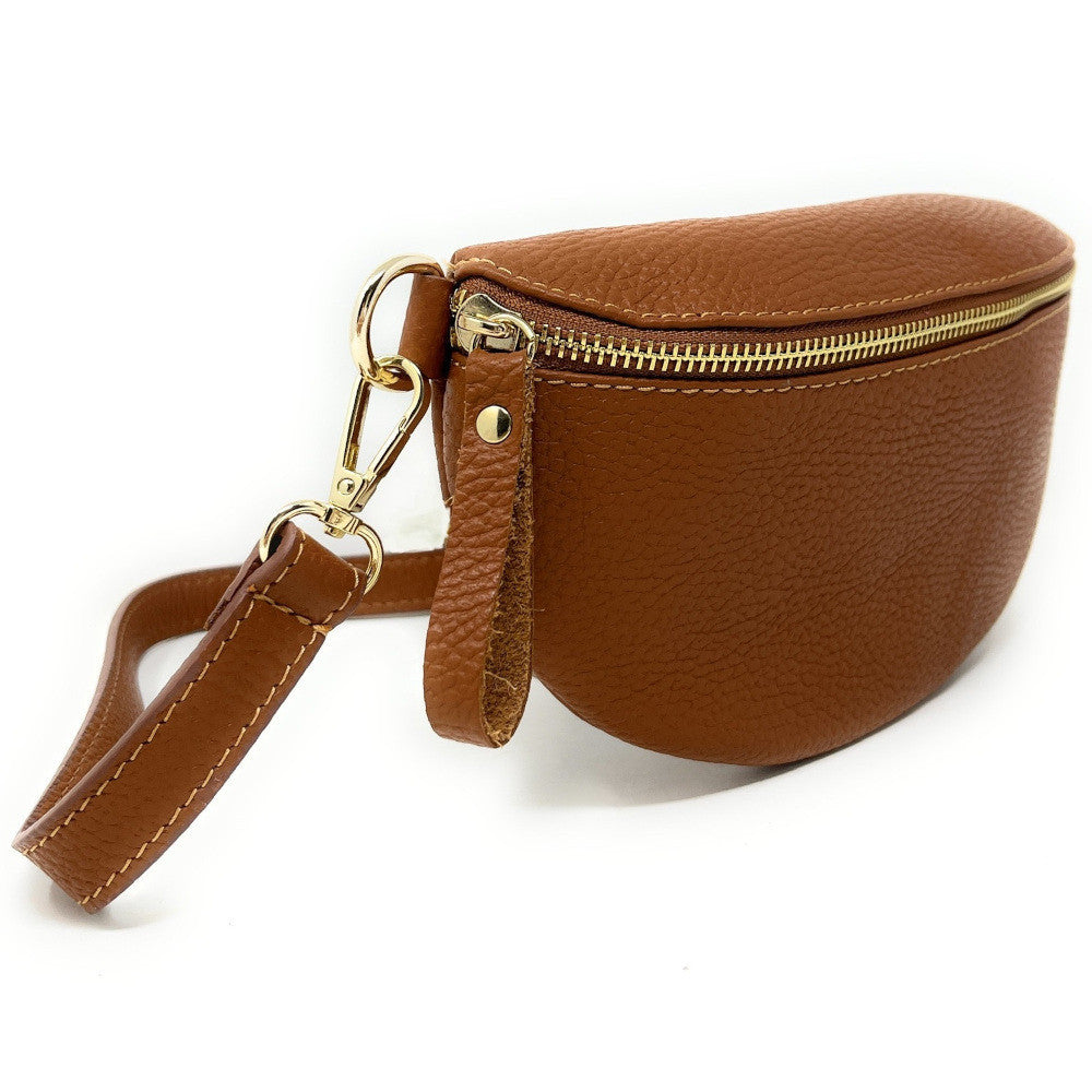 Sac banane en cuir grainé LOU-DO métal doré Camel