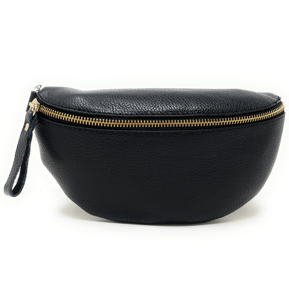 Sac banane en cuir grainé LOU-DO métal doré Noir