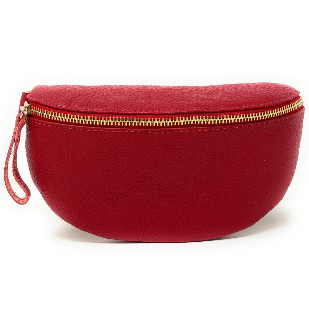 Sac banane en cuir grainé LOU-DO métal doré Rouge garance