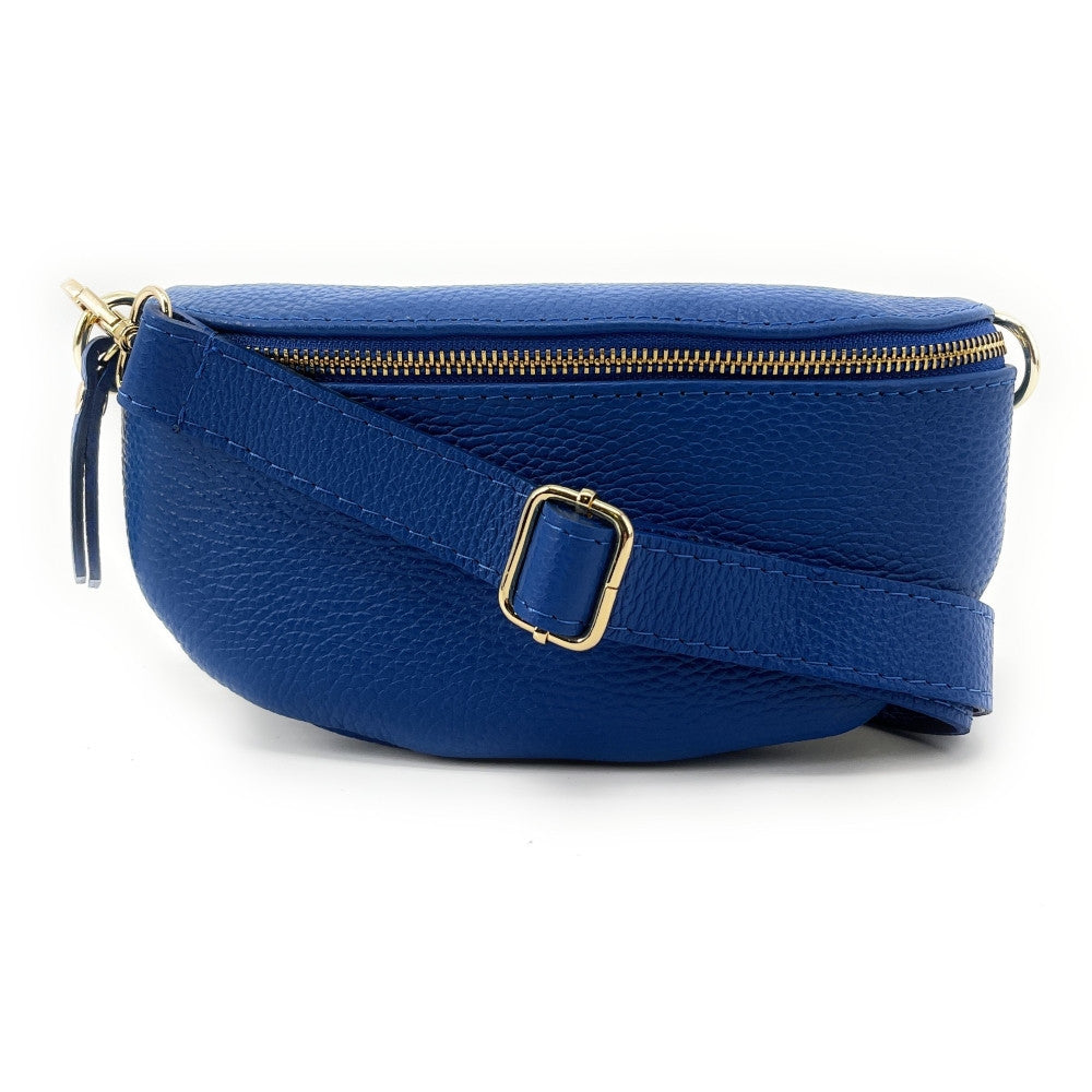 Sac banane en cuir grainé LOU-DO métal doré Bleu roi