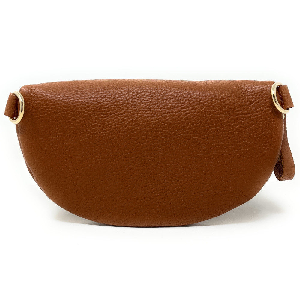 Sac banane en cuir grainé LOU-DO métal doré Camel