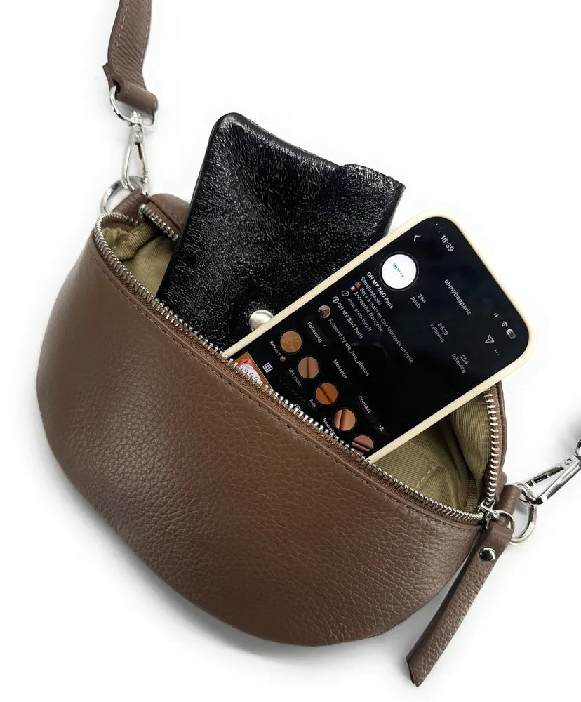 Sac banane en cuir grainé LOU Taupe foncé