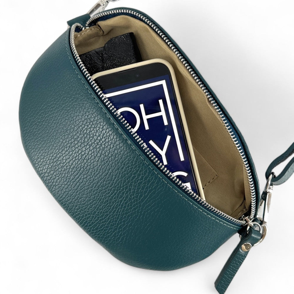 Sac banane en cuir grainé LOU Bleu vert canard
