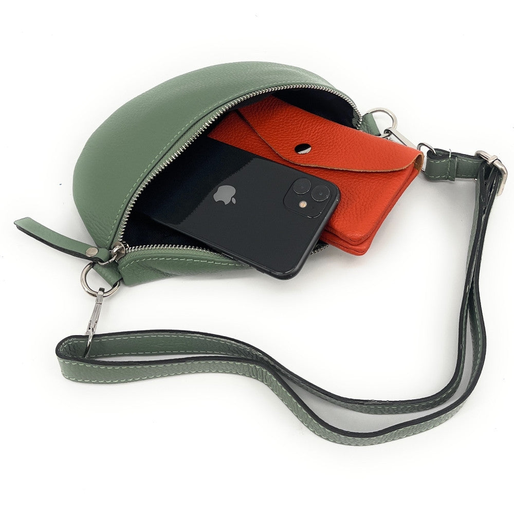 Sac banane en cuir grainé LOU Vert amande