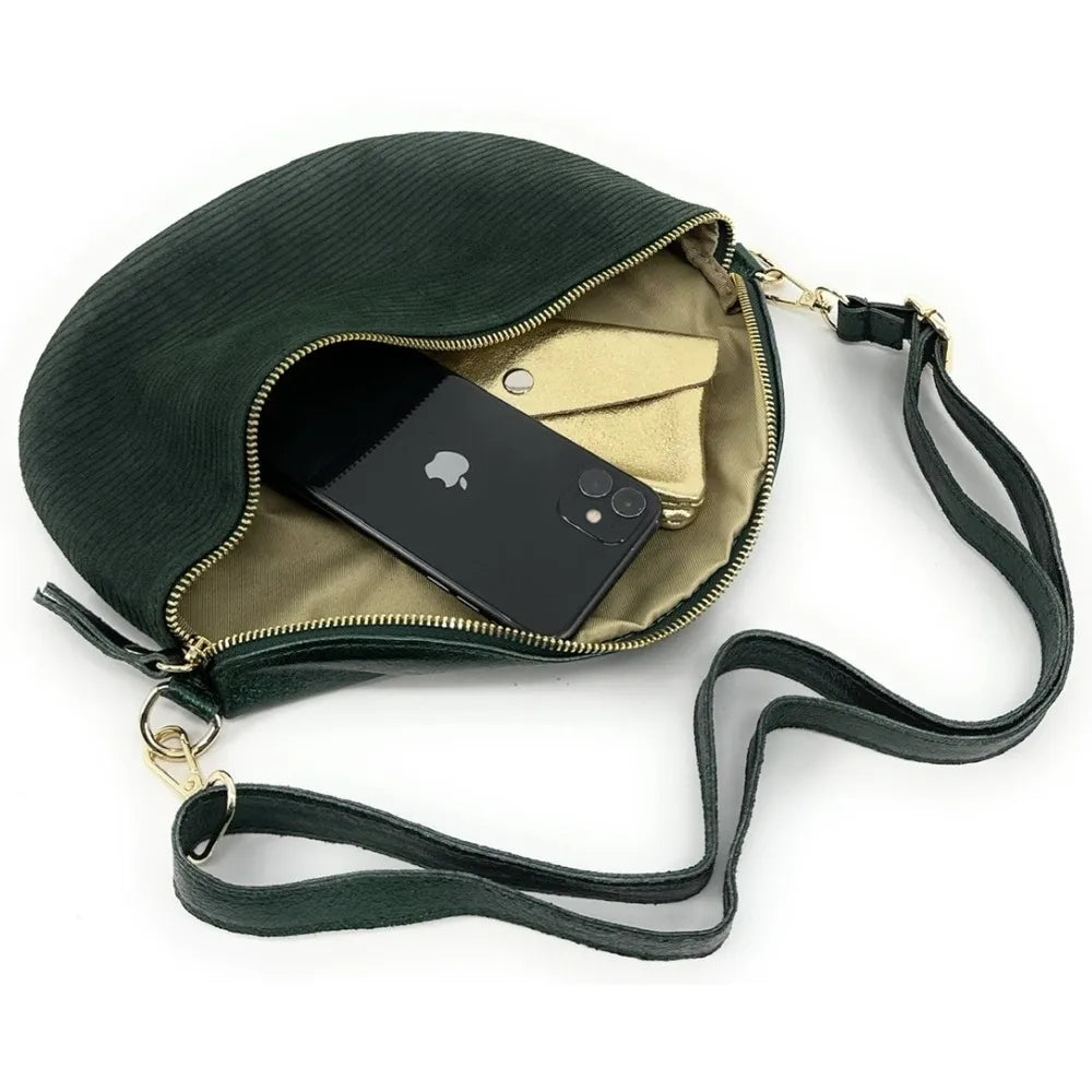 Sac banane en cuir irisé et croûte de cuir LOUNA VELOURS Vert forêt