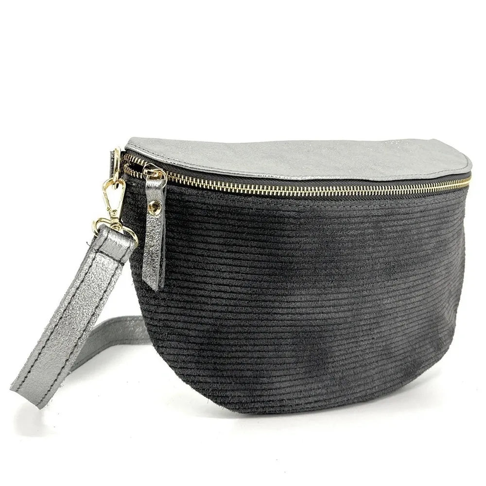 Sac banane en cuir irisé et croûte de cuir LOUNA VELOURS Gris foncé